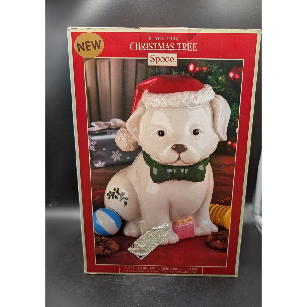 Spode Christmas Tree Puppy Dog Cookie Jar Hand Painted Ceramic S3324-A16 Box
